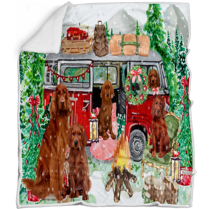 Christmas Time Camping with Irish Red Setter Dogs Blanket - Lightweight Soft Cozy and Durable Bed Blanket - Animal Theme Fuzzy Blanket for Sofa Couch