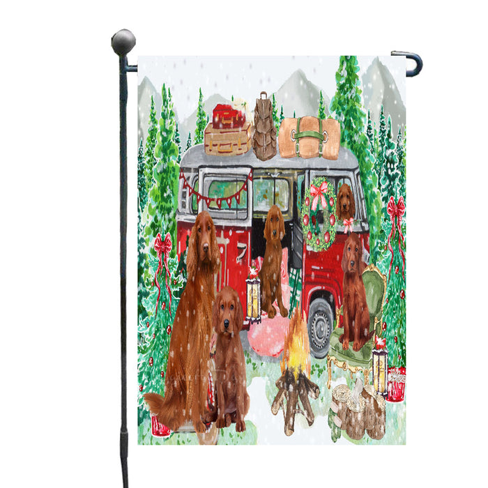 Christmas Time Camping with Irish Red Setter Dogs Garden Flags- Outdoor Double Sided Garden Yard Porch Lawn Spring Decorative Vertical Home Flags 12 1/2"w x 18"h