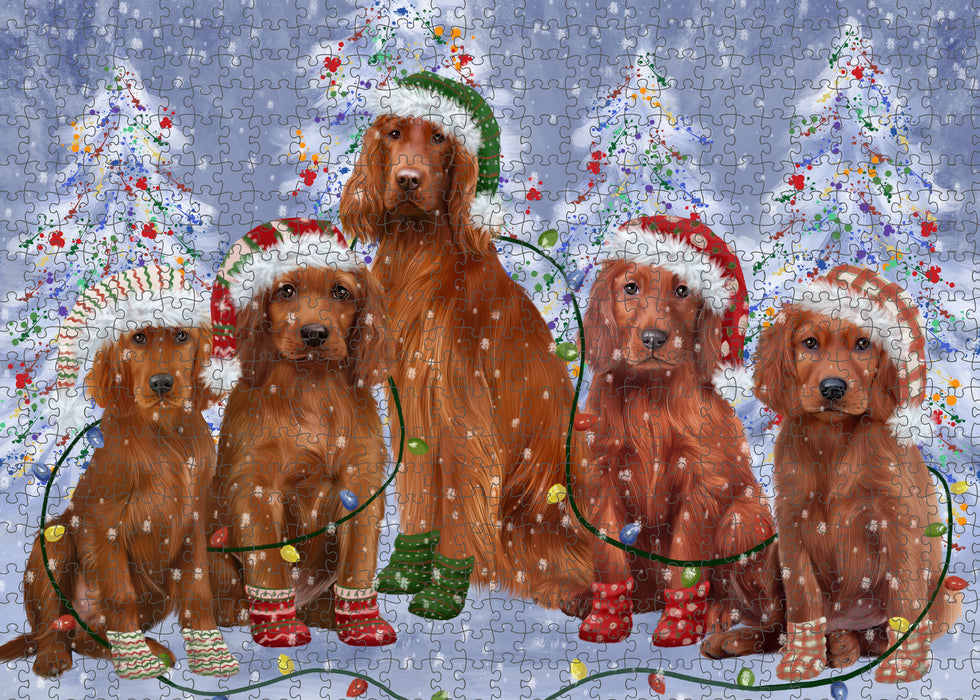 Christmas Lights and Irish Red Setter Dogs Portrait Jigsaw Puzzle for Adults Animal Interlocking Puzzle Game Unique Gift for Dog Lover's with Metal Tin Box