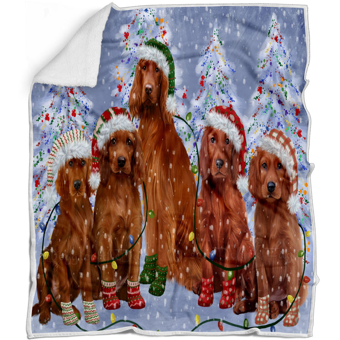 Christmas Lights and Irish Red Setter Dogs Blanket - Lightweight Soft Cozy and Durable Bed Blanket - Animal Theme Fuzzy Blanket for Sofa Couch