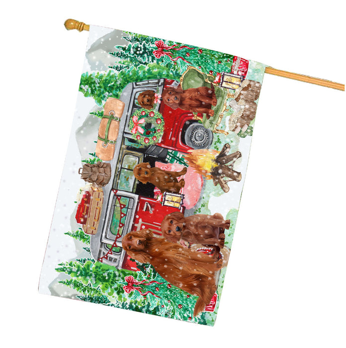 Christmas Time Camping with Irish Red Setter Dogs House Flag Outdoor Decorative Double Sided Pet Portrait Weather Resistant Premium Quality Animal Printed Home Decorative Flags 100% Polyester