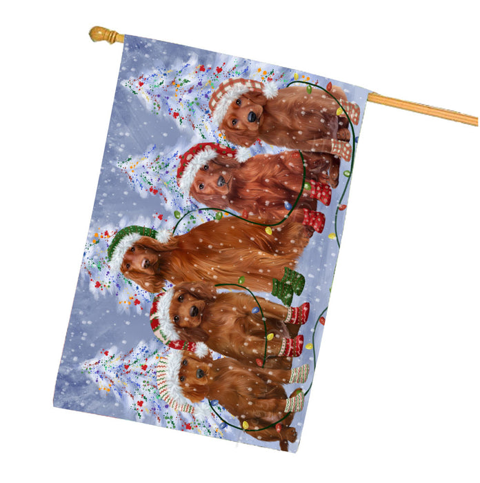 Christmas Lights and Irish Red Setter Dogs House Flag Outdoor Decorative Double Sided Pet Portrait Weather Resistant Premium Quality Animal Printed Home Decorative Flags 100% Polyester