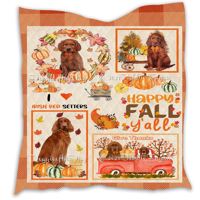 Happy Fall Y'all Pumpkin Irish Red Setter Dogs Quilt Bed Coverlet Bedspread - Pets Comforter Unique One-side Animal Printing - Soft Lightweight Durable Washable Polyester Quilt