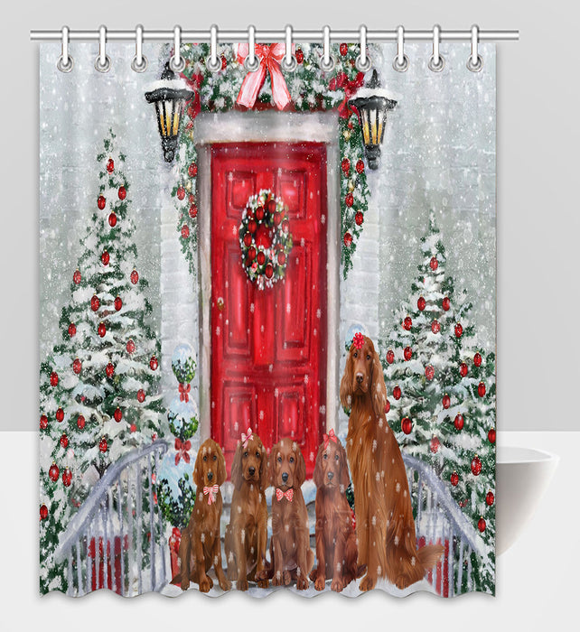 Christmas Holiday Welcome Irish Red Setter Dogs Shower Curtain Pet Painting Bathtub Curtain Waterproof Polyester One-Side Printing Decor Bath Tub Curtain for Bathroom with Hooks