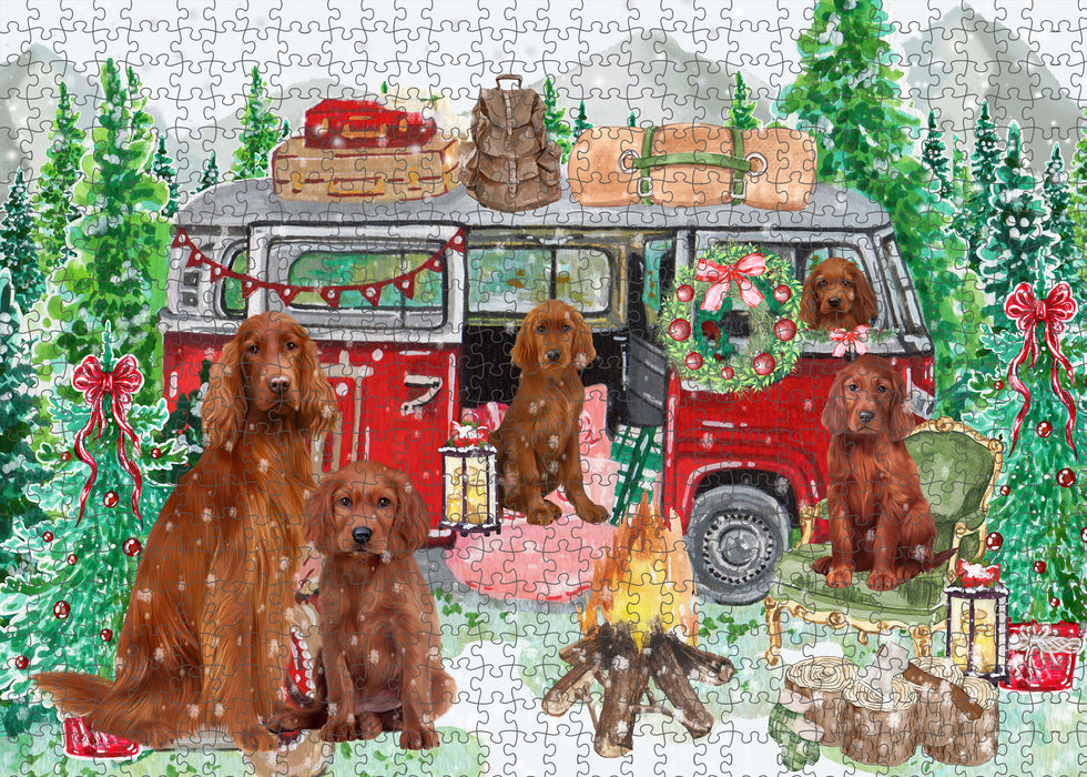 Christmas Time Camping with Irish Red Setter Dogs Portrait Jigsaw Puzzle for Adults Animal Interlocking Puzzle Game Unique Gift for Dog Lover's with Metal Tin Box
