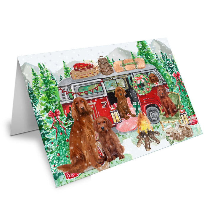 Christmas Time Camping with Irish Red Setter Dogs Handmade Artwork Assorted Pets Greeting Cards and Note Cards with Envelopes for All Occasions and Holiday Seasons