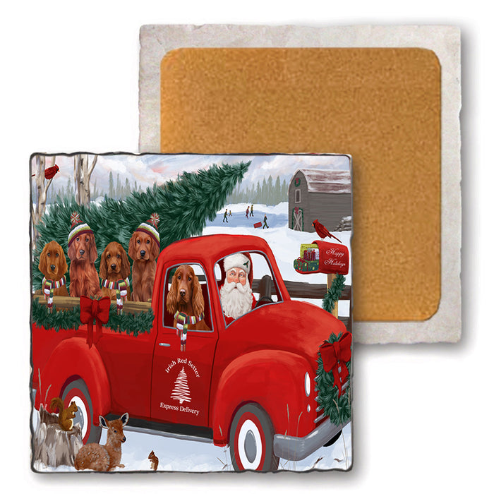 Christmas Santa Express Delivery Irish Red Setters Dog Family Set of 4 Natural Stone Marble Tile Coasters MCST50043