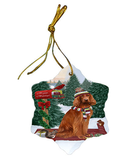 Merry Christmas Woodland Sled Irish Red Setter Dog Star Porcelain Ornament SPOR55308