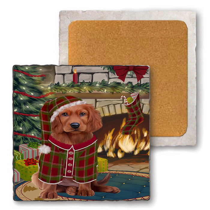 The Stocking was Hung Irish Red Setter Dog Set of 4 Natural Stone Marble Tile Coasters MCST50336