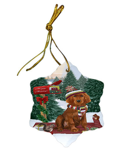 Merry Christmas Woodland Sled Irish Red Setter Dog Star Porcelain Ornament SPOR55309