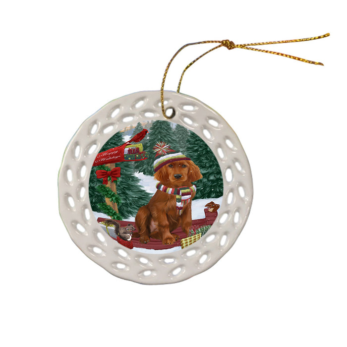Merry Christmas Woodland Sled Irish Red Setter Dog Ceramic Doily Ornament DPOR55309
