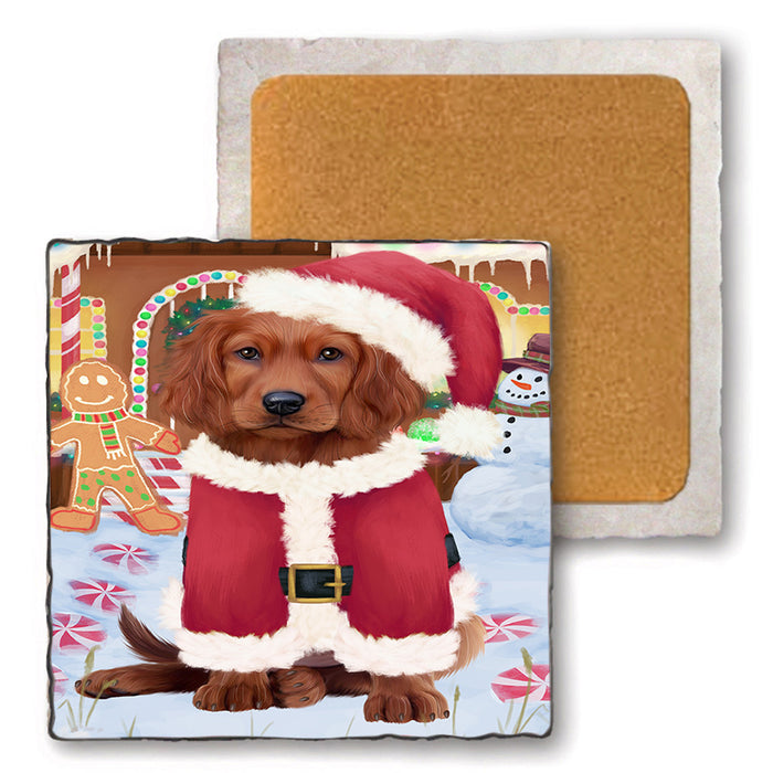 Christmas Gingerbread House Candyfest Irish Red Setter Dog Set of 4 Natural Stone Marble Tile Coasters MCST51364