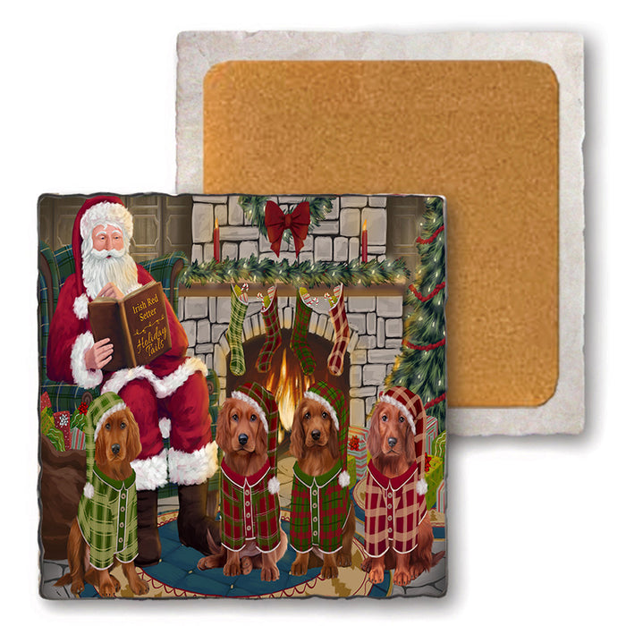 Christmas Cozy Holiday Tails Irish Red Setters Dog Set of 4 Natural Stone Marble Tile Coasters MCST50131