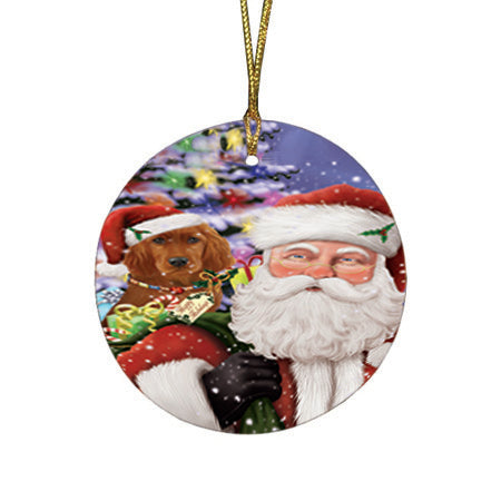 Santa Carrying Irish Setter Dog and Christmas Presents Round Flat Christmas Ornament RFPOR53683