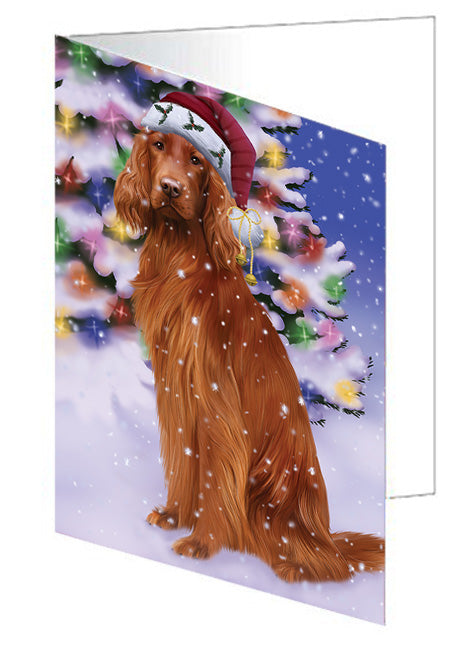 Winterland Wonderland Irish Setter Dog In Christmas Holiday Scenic Background Handmade Artwork Assorted Pets Greeting Cards and Note Cards with Envelopes for All Occasions and Holiday Seasons GCD65315