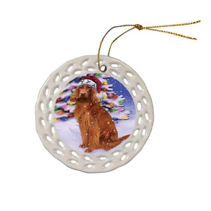Winterland Wonderland Irish Setter Dog In Christmas Holiday Scenic Background Ceramic Doily Ornament DPOR53762