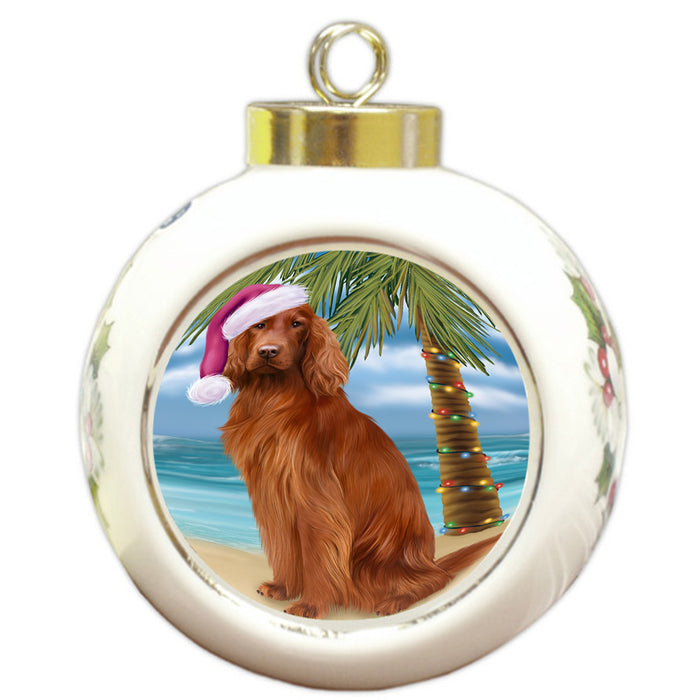 Summertime Happy Holidays Christmas Irish Setter Dog on Tropical Island Beach Round Ball Christmas Ornament RBPOR54564