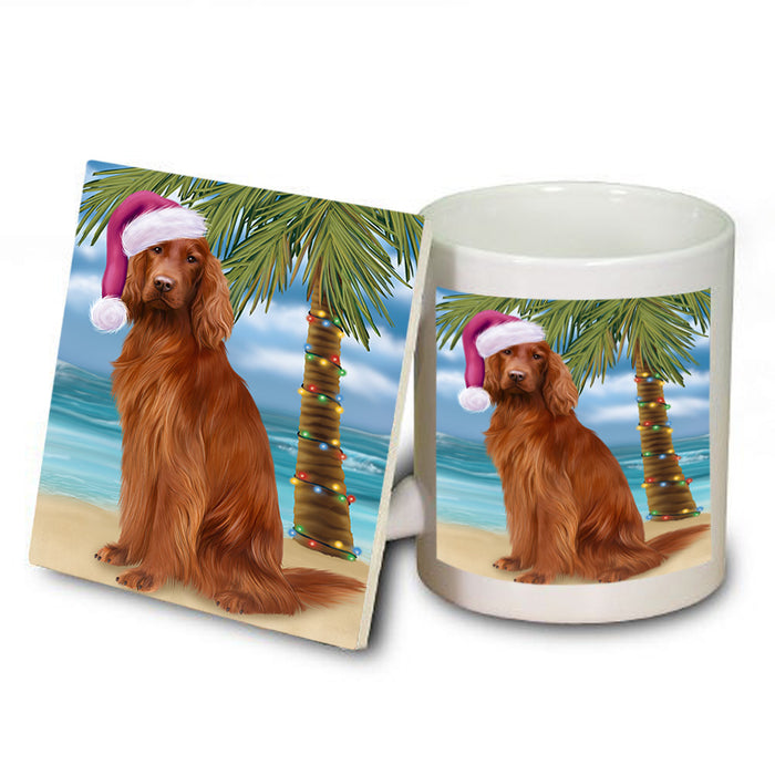 Summertime Happy Holidays Christmas Irish Setter Dog on Tropical Island Beach Mug and Coaster Set MUC54428