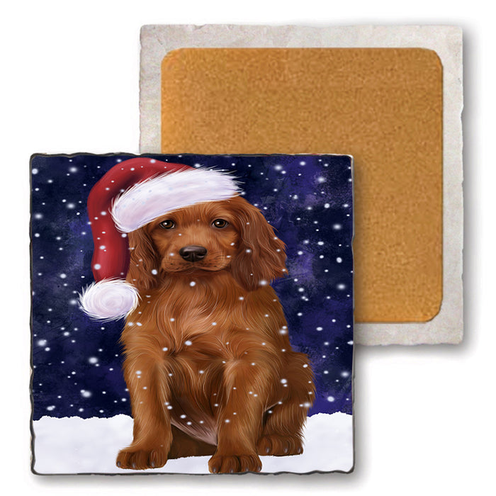 Let it Snow Christmas Holiday Irish Setter Dog Wearing Santa Hat Set of 4 Natural Stone Marble Tile Coasters MCST49303
