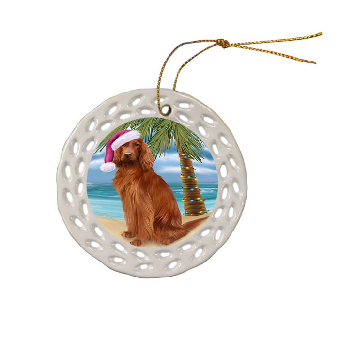 Summertime Happy Holidays Christmas Irish Setter Dog on Tropical Island Beach Ceramic Doily Ornament DPOR54564