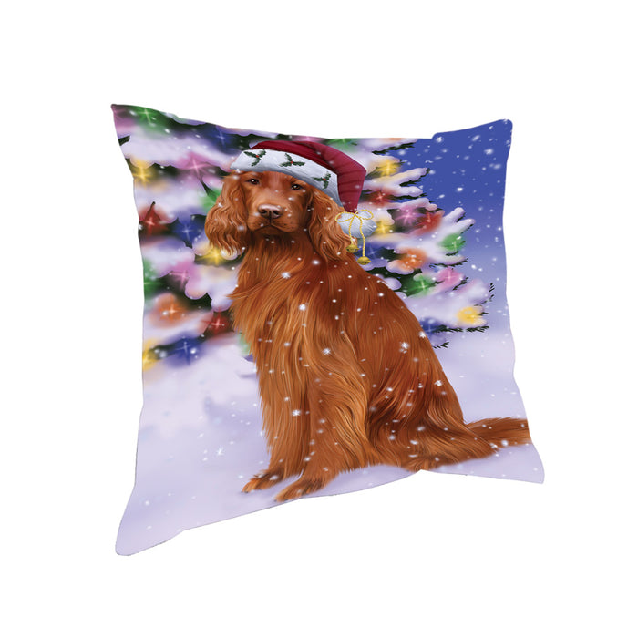 Winterland Wonderland Irish Setter Dog In Christmas Holiday Scenic Background Pillow PIL71672