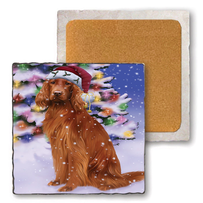Winterland Wonderland Irish Setter Dog In Christmas Holiday Scenic Background Set of 4 Natural Stone Marble Tile Coasters MCST48762