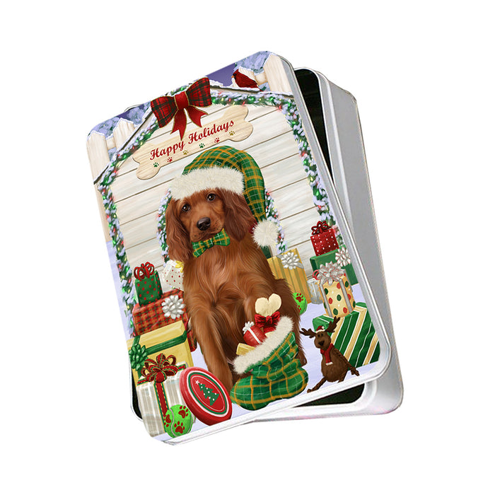 Happy Holidays Christmas Irish Setter Dog With Presents Photo Storage Tin PITN52666