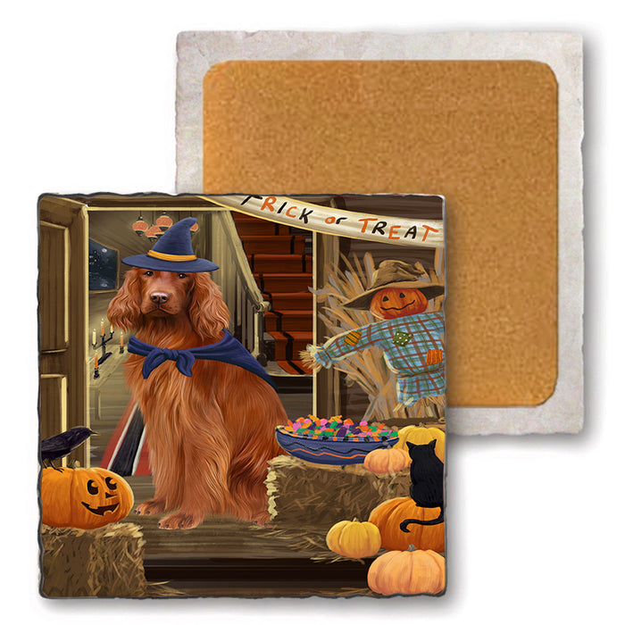 Enter at Own Risk Trick or Treat Halloween Irish Setter Dog Set of 4 Natural Stone Marble Tile Coasters MCST48159