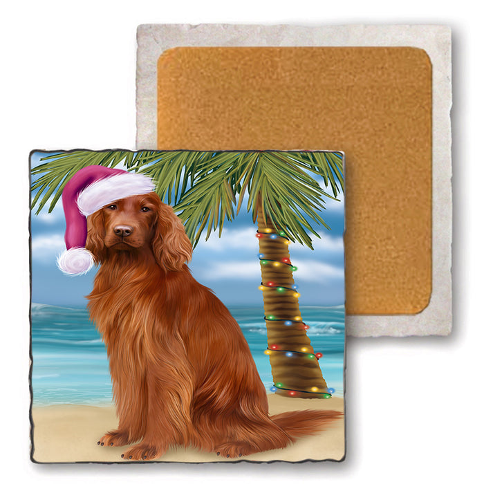 Summertime Happy Holidays Christmas Irish Setter Dog on Tropical Island Beach Set of 4 Natural Stone Marble Tile Coasters MCST49436
