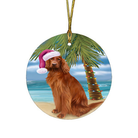 Summertime Happy Holidays Christmas Irish Setter Dog on Tropical Island Beach Round Flat Christmas Ornament RFPOR54555