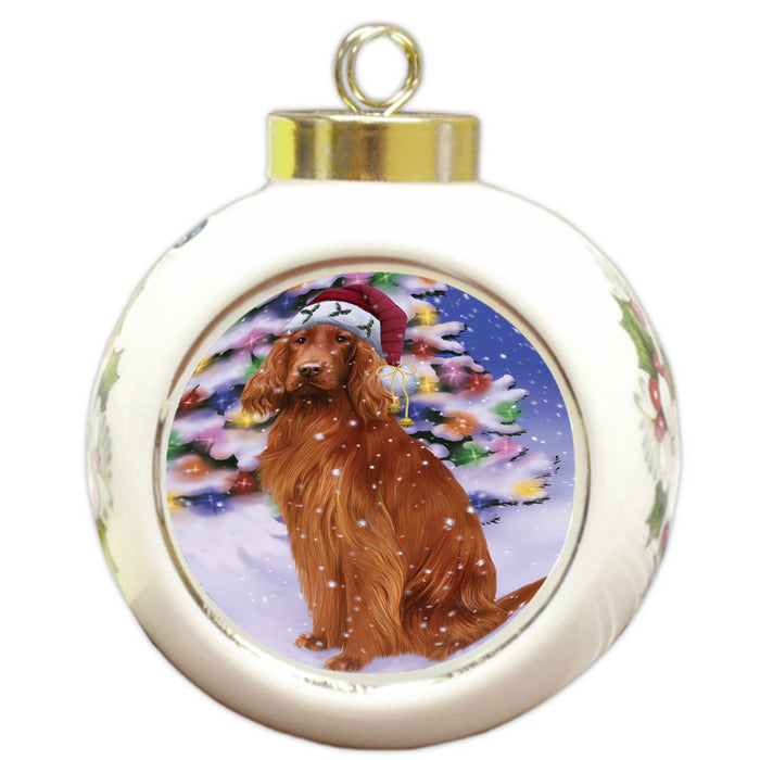 Winterland Wonderland Irish Setter Dog In Christmas Holiday Scenic Background Round Ball Christmas Ornament RBPOR53762
