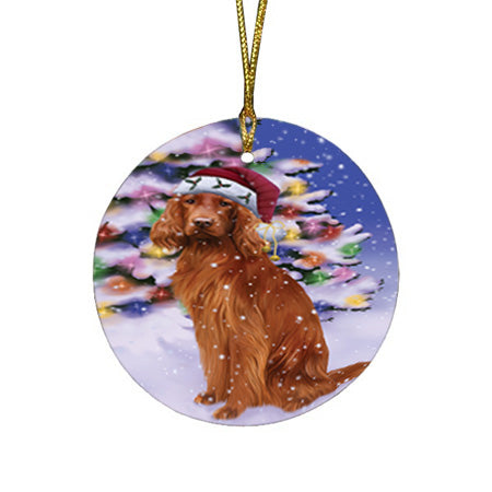 Winterland Wonderland Irish Setter Dog In Christmas Holiday Scenic Background Round Flat Christmas Ornament RFPOR53753