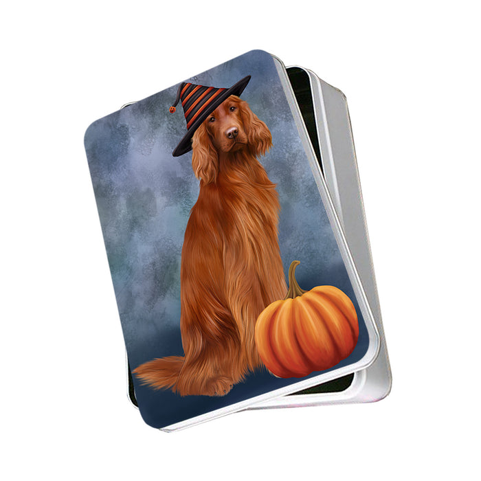 Happy Halloween Irish Setter Dog Wearing Witch Hat with Pumpkin Photo Storage Tin PITN54675