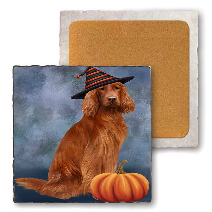 Happy Halloween Irish Setter Dog Wearing Witch Hat with Pumpkin Set of 4 Natural Stone Marble Tile Coasters MCST49732