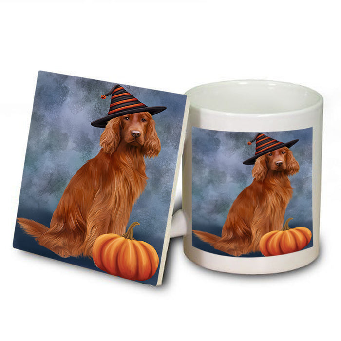 Happy Halloween Irish Setter Dog Wearing Witch Hat with Pumpkin Mug and Coaster Set MUC54724