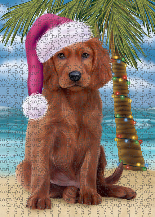 Summertime Happy Holidays Christmas Irish Setter Dog on Tropical Island Beach Puzzle  PUZL85416