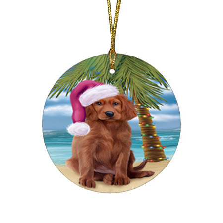 Summertime Happy Holidays Christmas Irish Setter Dog on Tropical Island Beach Round Flat Christmas Ornament RFPOR54556