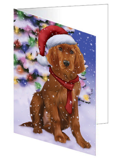 Winterland Wonderland Irish Setter Dog In Christmas Holiday Scenic Background Handmade Artwork Assorted Pets Greeting Cards and Note Cards with Envelopes for All Occasions and Holiday Seasons GCD65318