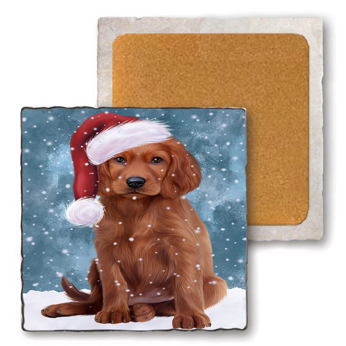 Let it Snow Christmas Holiday Irish Setter Dog Wearing Santa Hat Set of 4 Natural Stone Marble Tile Coasters MCST49304
