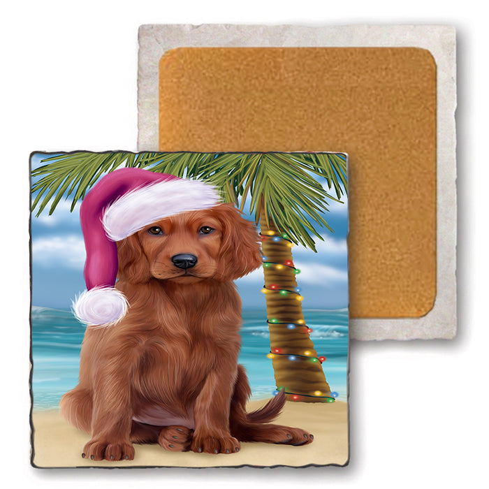 Summertime Happy Holidays Christmas Irish Setter Dog on Tropical Island Beach Set of 4 Natural Stone Marble Tile Coasters MCST49437