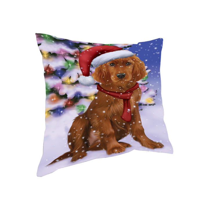 Winterland Wonderland Irish Setter Dog In Christmas Holiday Scenic Background Pillow PIL71676