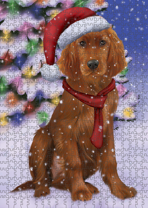 Winterland Wonderland Irish Setter Dog In Christmas Holiday Scenic Background Puzzle  PUZL82208