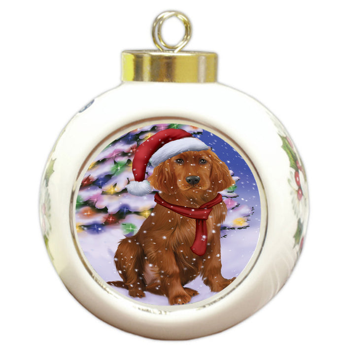 Winterland Wonderland Irish Setter Dog In Christmas Holiday Scenic Background Round Ball Christmas Ornament RBPOR53763