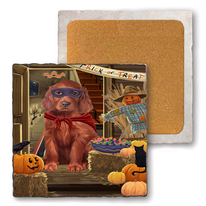 Enter at Own Risk Trick or Treat Halloween Irish Setter Dog Set of 4 Natural Stone Marble Tile Coasters MCST48160