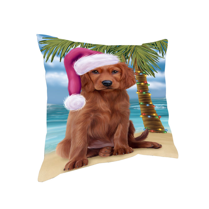 Summertime Happy Holidays Christmas Irish Setter Dog on Tropical Island Beach Pillow PIL74884
