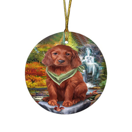 Scenic Waterfall Irish Setter Dog Round Flat Christmas Ornament RFPOR51894