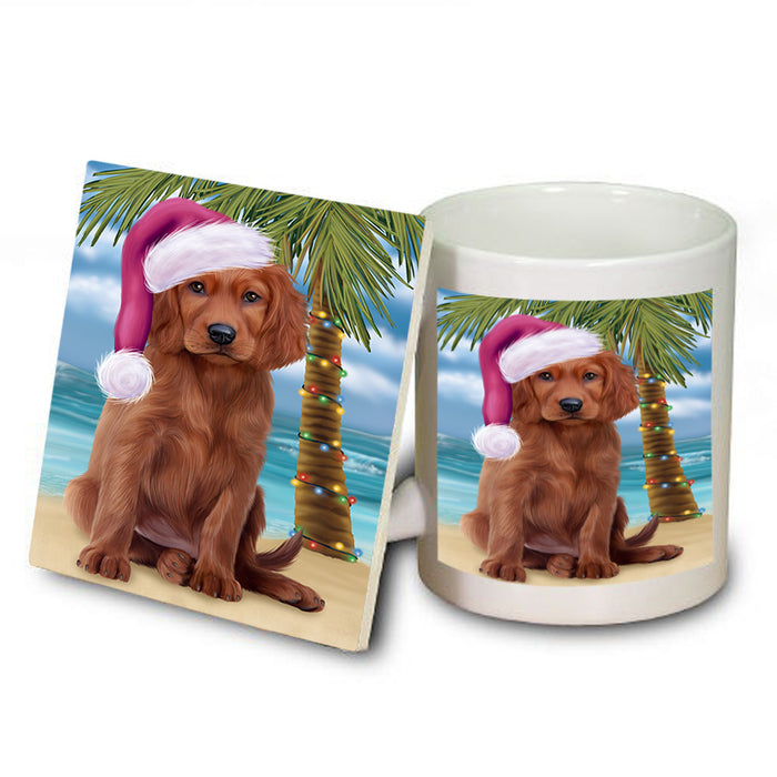 Summertime Happy Holidays Christmas Irish Setter Dog on Tropical Island Beach Mug and Coaster Set MUC54429