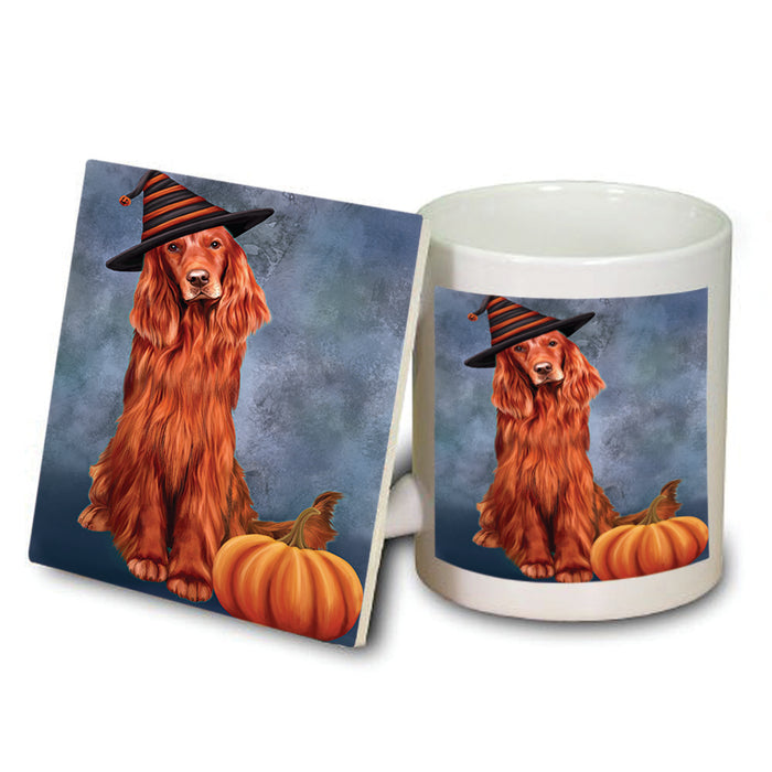 Happy Halloween Irish Setter Dog Wearing Witch Hat with Pumpkin Mug and Coaster Set MUC54780