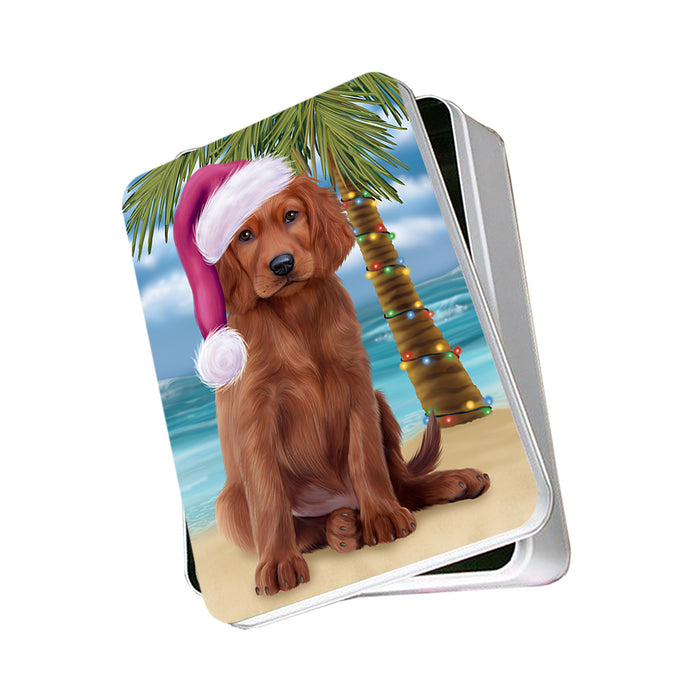 Summertime Happy Holidays Christmas Irish Setter Dog on Tropical Island Beach Photo Storage Tin PITN54380