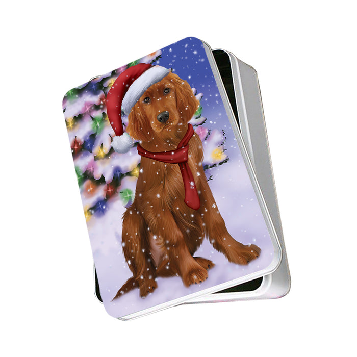 Winterland Wonderland Irish Setter Dog In Christmas Holiday Scenic Background Photo Storage Tin PITN53706
